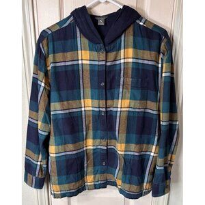 Eddie Bauer Plaid Blue Full Button Fleece Hiking Outdoor Womens Med Hoodie